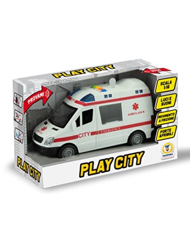 Play City Ambulance 1:16 Friction Powered with Lights and Sounds – Rescue Toy Vehicle TEO65074 Teorema | Futurartshop.com