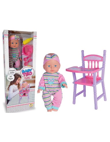 Baby Teo Doll High Chair with Feeding Set and Accessories - Role Play Toy for Kids TEO80460 Teorema | Futurartshop.com