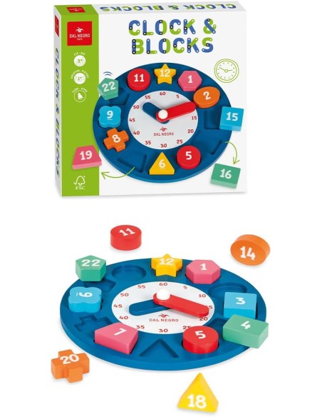 Wooden Clock 12 Colorful Shape Blocks Time Learning DAN054098 Dal Negro | Futurartshop.com