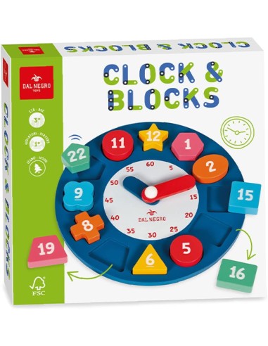 Wooden Clock 12 Colorful Shape Blocks Time Learning DAN054098 Dal Negro | Futurartshop.com