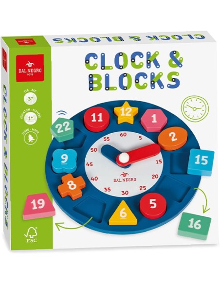 Wooden Clock 12 Colorful Shape Blocks Time Learning DAN054098 Dal Negro | Futurartshop.com