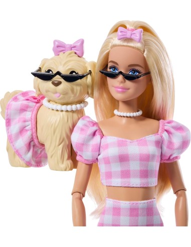 Barbie Twinning Looks Bionda con Cagnolino Rosa Quadretti AGRJFP36 Mattel | Futurartshop.com