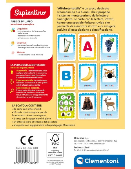 Alfabeto Tattile 48 Flashcards Montessori 2-5 Anni CLE16838 Clementoni | Futurartshop.com