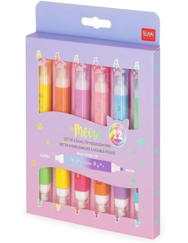 Meow Highlighters – Set of 6 Dual Tip 12 Colours Cat LEGMHL0002 Legami Milano | Futurartshop.com