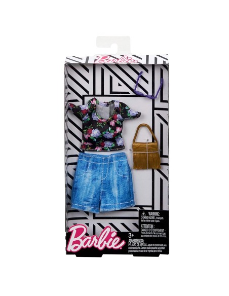 Barbie pack look maglia nera con fiori e pantaloncino jeans MATFND47/FLP79 Mattel | Futurartshop.com