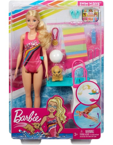 Barbie - Bambola Nuotatrice in Costume con Trampolino e Cucciolo MATGHK23 Mattel | Futurartshop.com