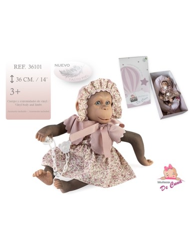 Bambola Scimmietta con vestito bianco a fiori e cuscino rosa GEN36101 De Cuna | Futurartshop.com