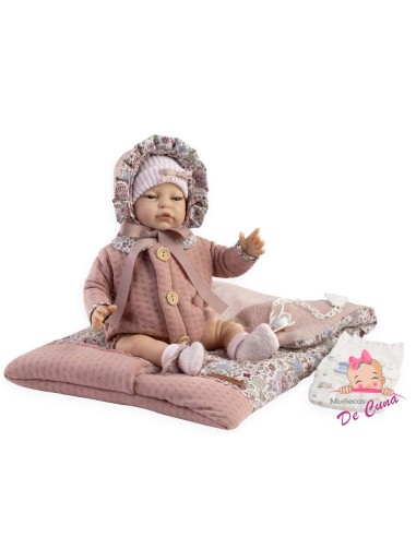 Reborn doll with pink coat and floral blanket GEN45301 De Cuna | Futurartshop.com