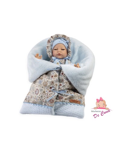 Reborn doll with light blue romper, pillow, and blanket GEN45302 De Cuna | Futurartshop.com
